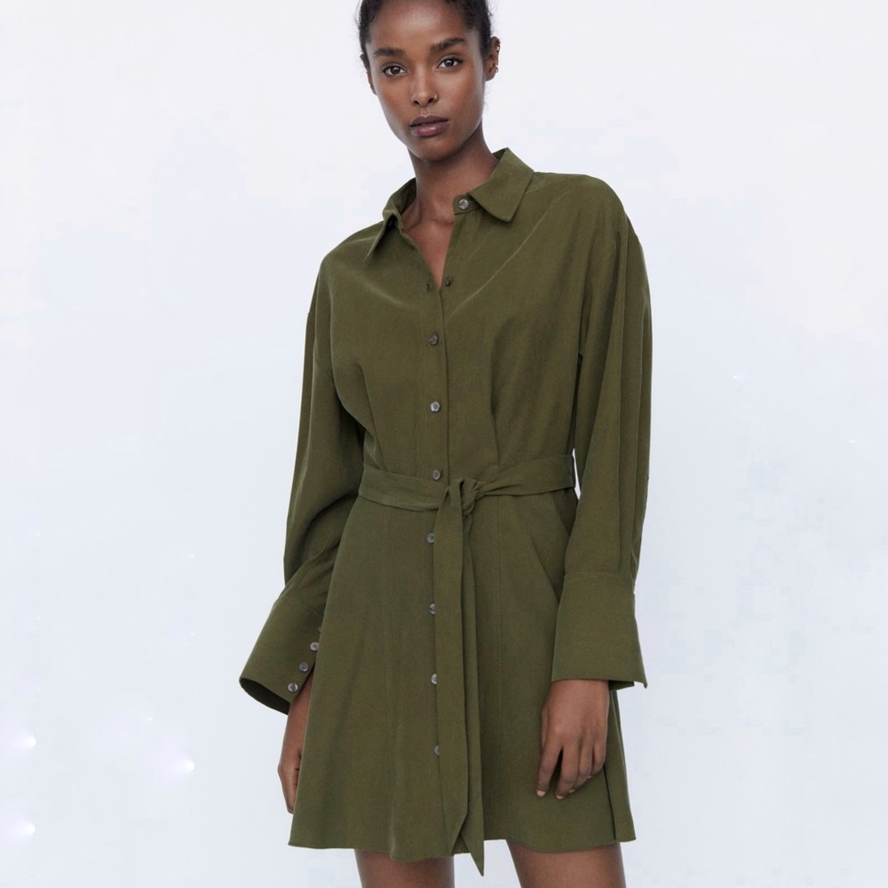 Zara Olive Green Long Sleeve Shirt Dress